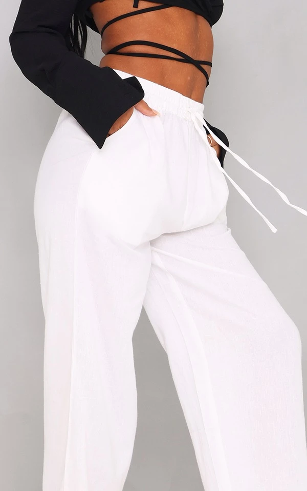 Pantalon Large Effet Lin Blanc à Cordons élastiques – Image 4
