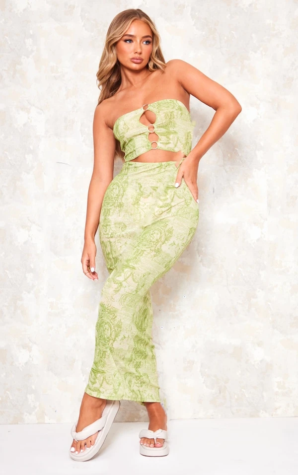 Robe Longue Bustier Découpée Imprimé Renaissance Vert Citron à Anneaux
