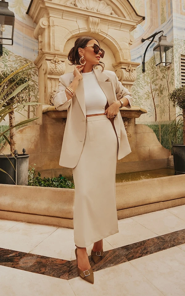 Jupe Mi-longue Ajustée Gris Pierre Tissée Taille Haute