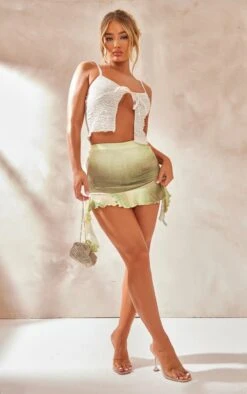 Mini-jupe Asymétrique Sauge Imprimé Ombré En Mesh Dévoré à Volants