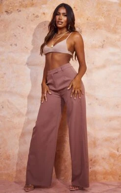 Pantalon à Pinces Ample Tissé Marron Cendré