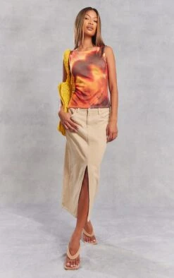 Jupe Mi-longue Fendue En Jean Délavé Gris Pierre à Taille Mi-haute