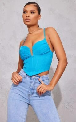 Crop Top Bleu Vif à Bretelles Et Corset Bustier Plissé