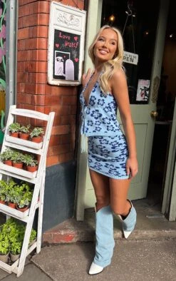 Mini-jupe En Maille Tricot Bleu Turquoise à Imprimé Fleuri