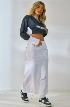 Jupe Mi-longue Blanche En Nylon à Coutures Surjetées Contrastantes