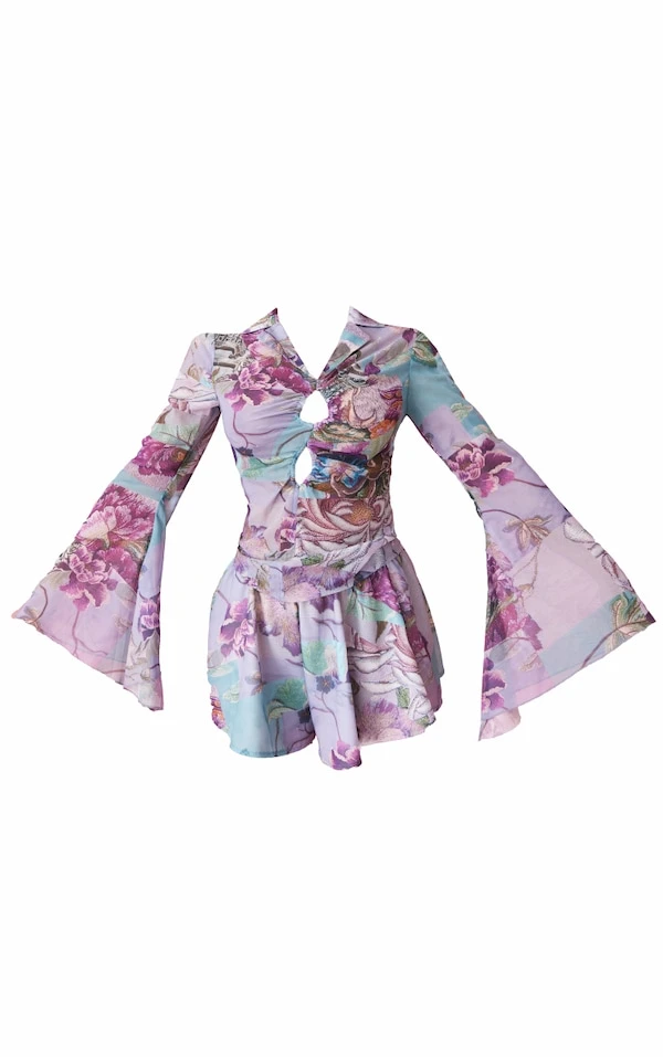 Blouse Ajustée En Mousseline De Soie Lilas Fleurie Froncée Nouée Devant – Image 5