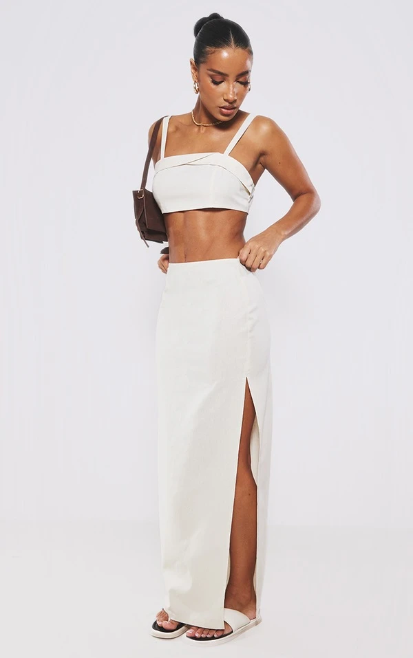 Jupe Longue Crème Effet Lin à Taille Haute