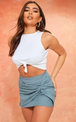 Micro-jupe Effet Lin Bleu Passé Nouée Devant