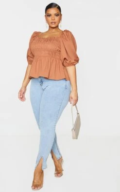 Plus Blouse Froncée Marron à Manches Bouffantes