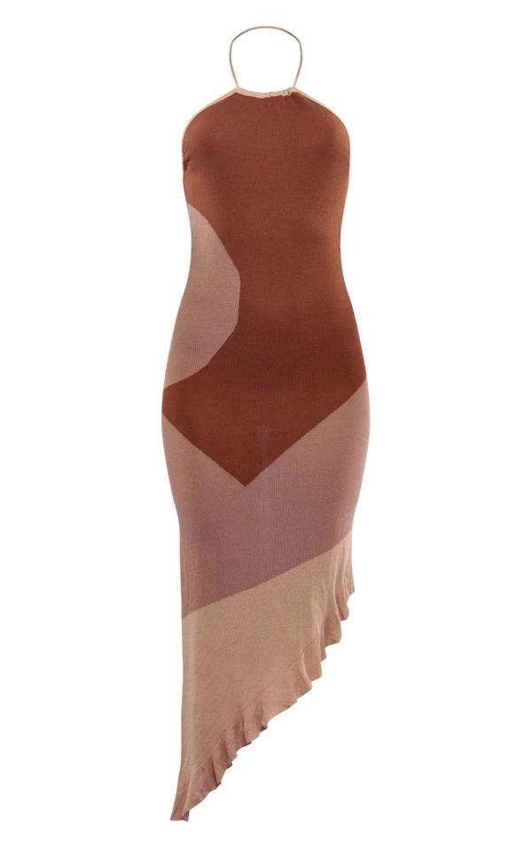 Robe Longue Asymétrique En Maille Tricot Gris Pierre Contrastante – Image 5