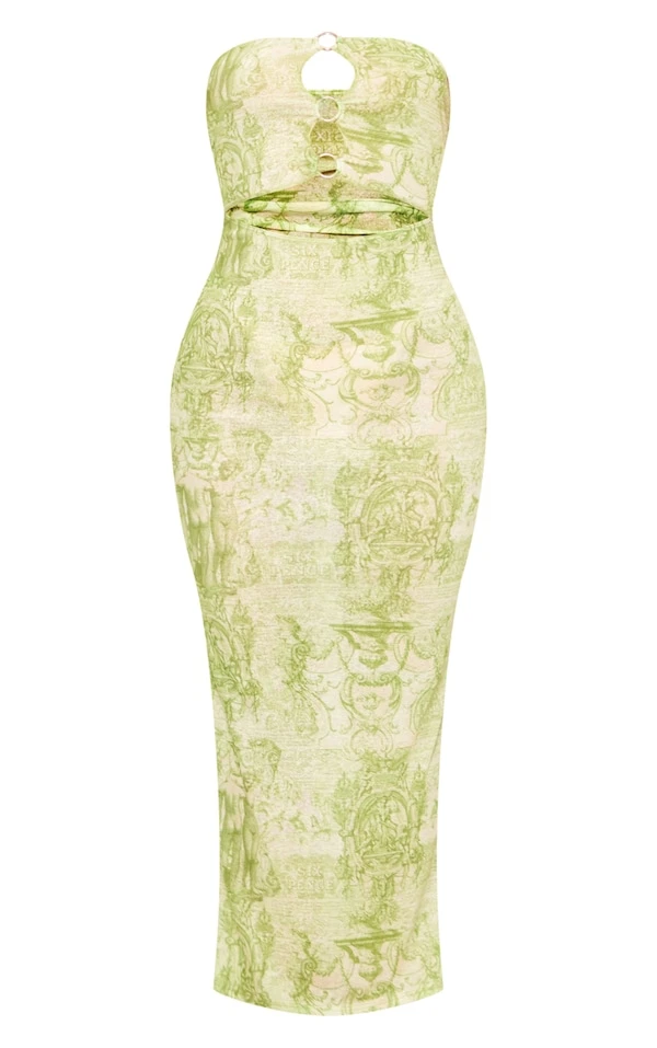 Robe Longue Bustier Découpée Imprimé Renaissance Vert Citron à Anneaux – Image 5