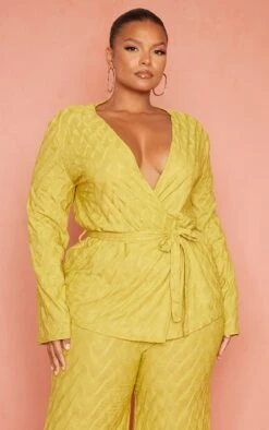 Plus Chemisier Cache-coeur Texturé Chartreuse à Devant Noué