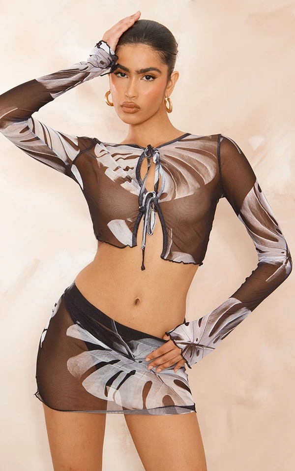 Micro Jupe En Mesh Noir Et Blanc Imprimé Feuilles De Palmier – Image 4