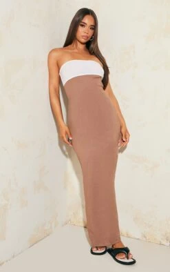Robe Bustier Longue En Effet Lin Bicolore Camel