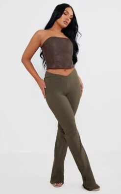 Pantalon Flare Tissé Stretch Kaki à Taille En V
