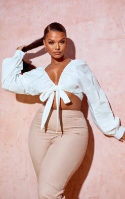 Plus Chemisier Blanc Froncé à Lien Noué Devant