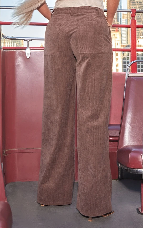 Pantalon Large En Velours Côtelé Chocolat à Taille Mi-haute – Image 3