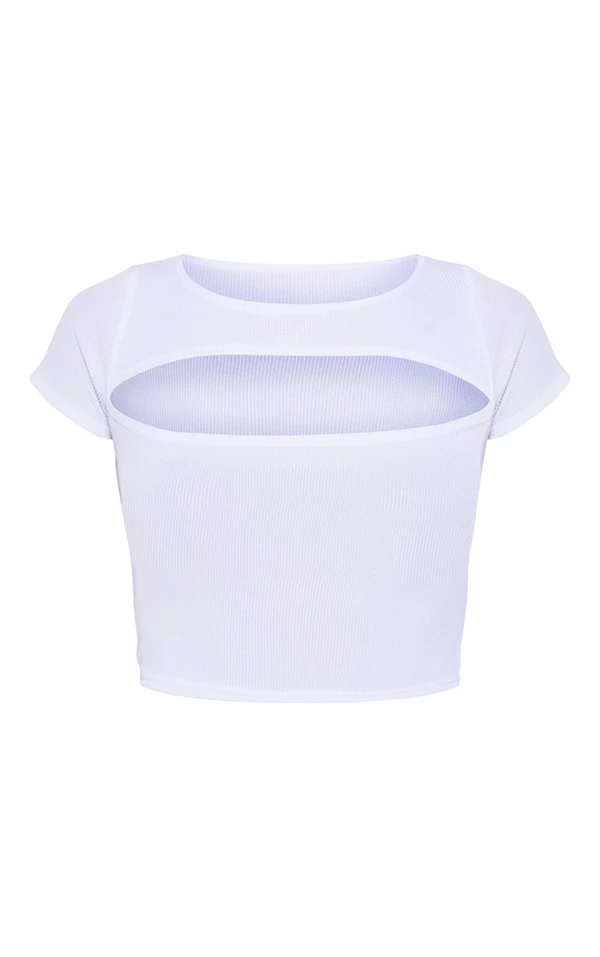 Crop Top Côtelé Découpé Blanc à Manches Courtes – Image 5
