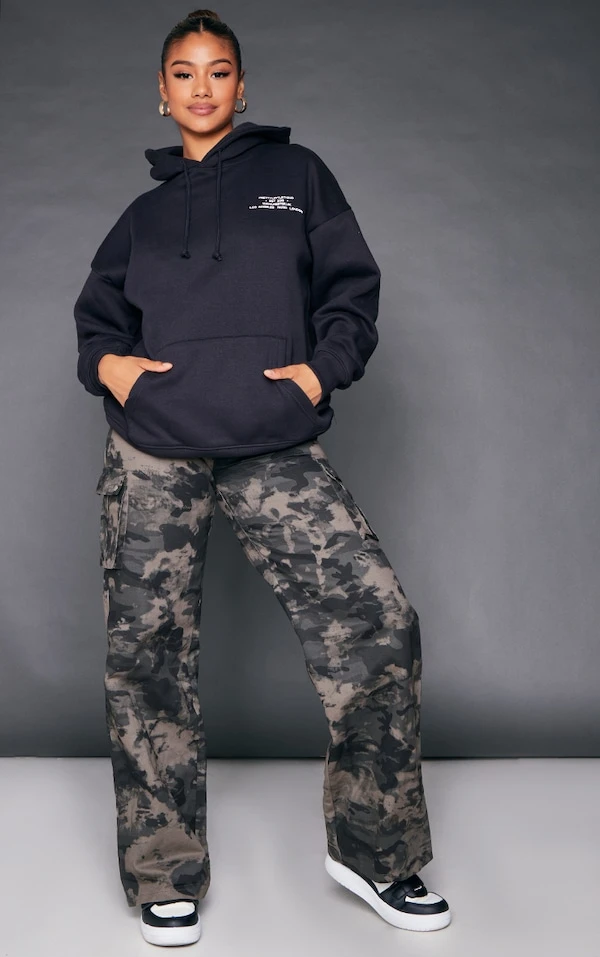 Pantalon Cargo Large Ceinturé Anthracite Imprimé Camouflage à Taille Haute
