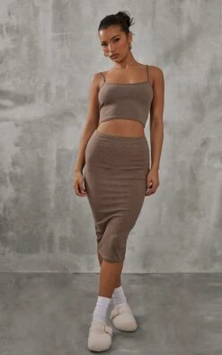 Jupe Mi-longue Côtelée Marron Bicolore Taille Haute