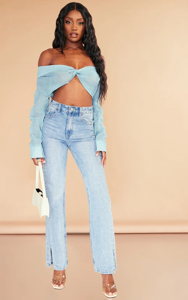 Blouse Texturée Transparente Bleue à Col Bardot – Image 3