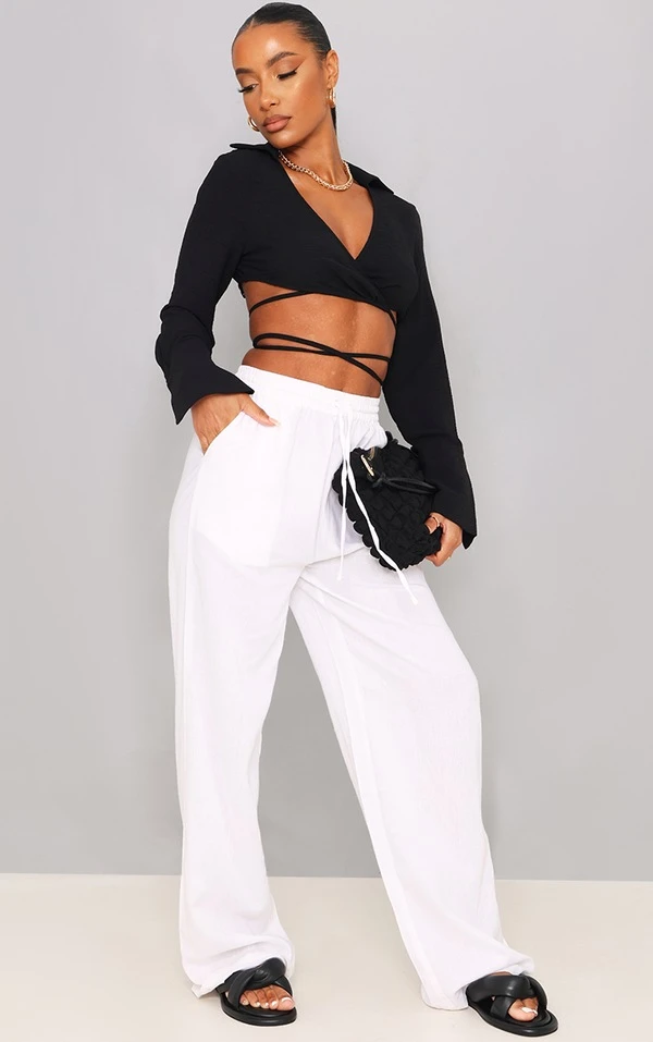 Pantalon Large Effet Lin Blanc à Cordons élastiques