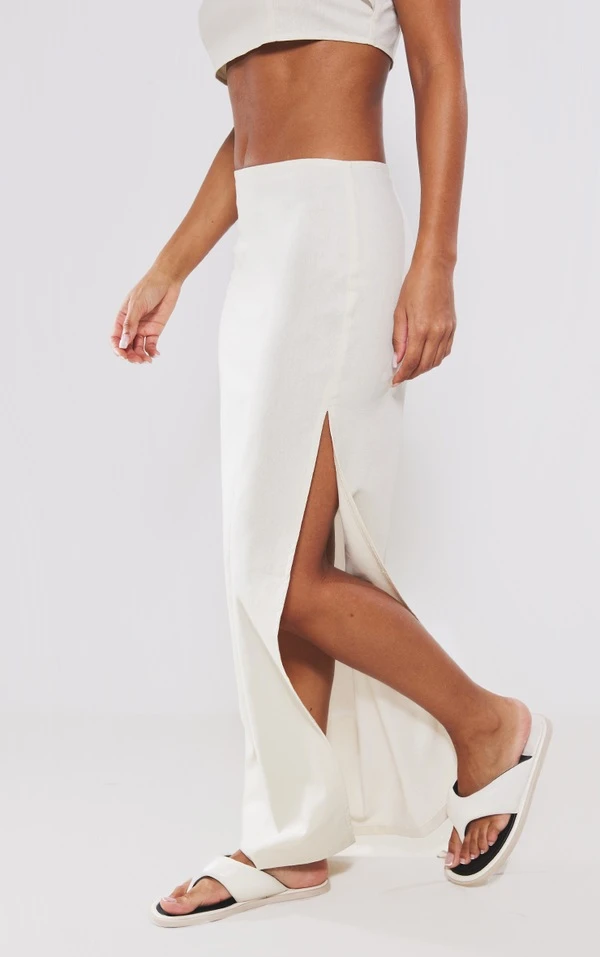 Jupe Longue Crème Effet Lin à Taille Haute – Image 2