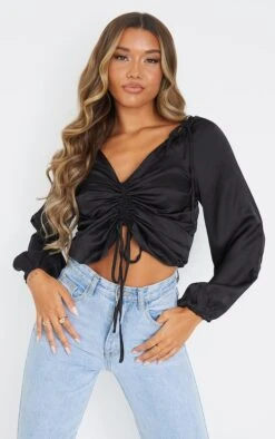 Blouse Satinée Noire Froncée Devant à Lien
