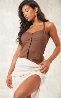 Crop Top Dos Nu Chocolat Effet Lin à Bouton Noué Dans Le Dos