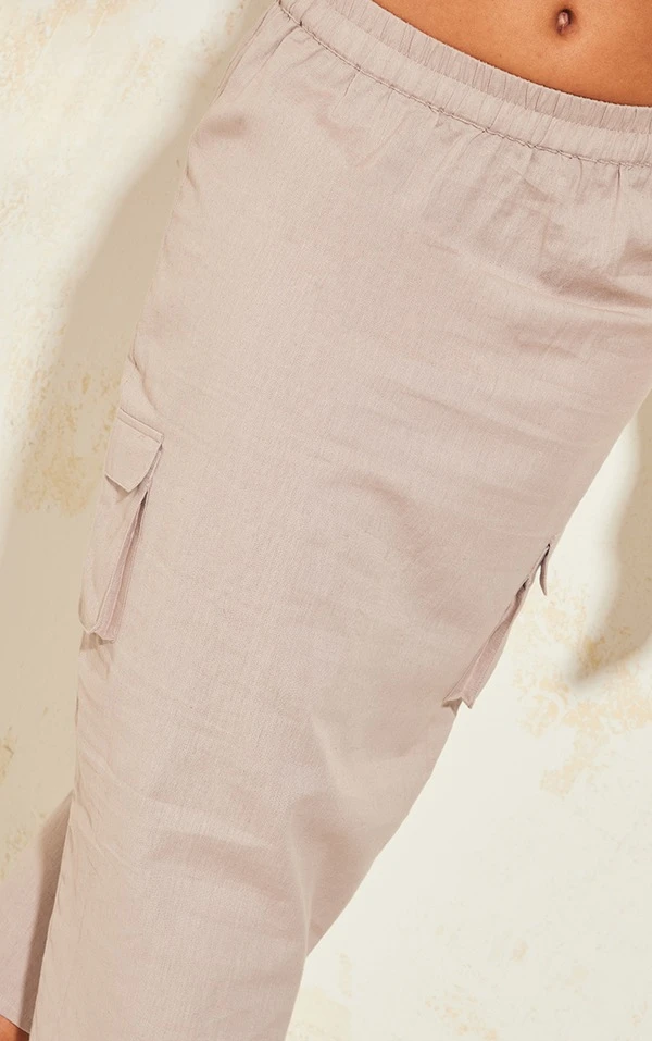 Jupe Mi-longue Style Cargo En Effet Lin Taupe à Poches – Image 4