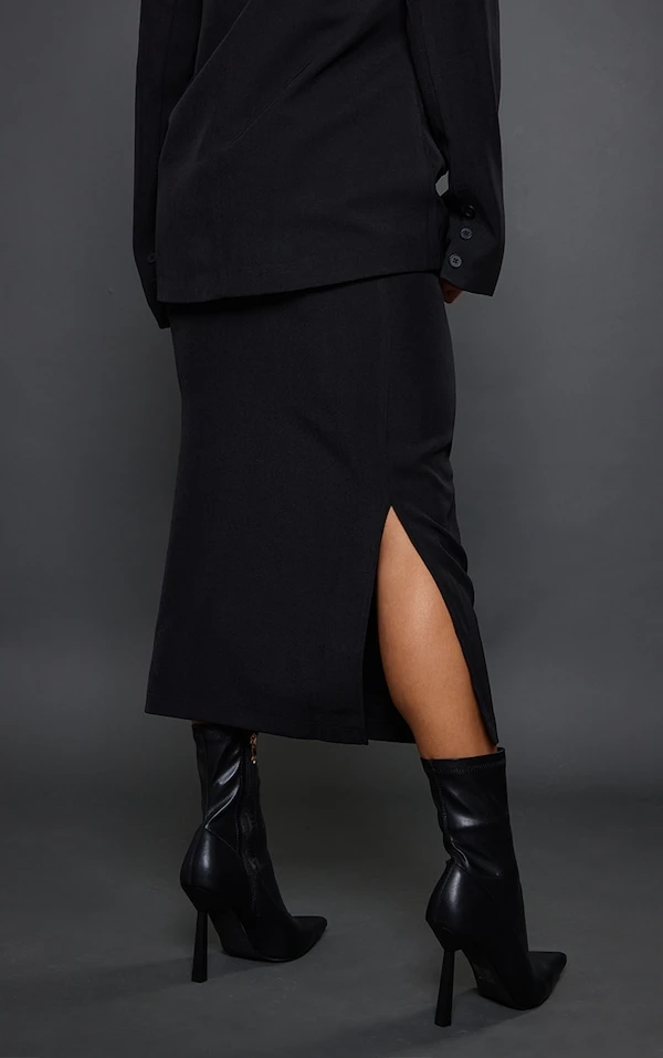 Jupe Mi-longue Ajustée Noire Tissée Taille Haute – Image 3