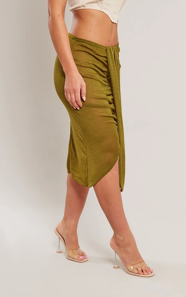 Jupe Mi-longue En Jersey Texturé Kaki Froncée Drapée Devant – Image 2