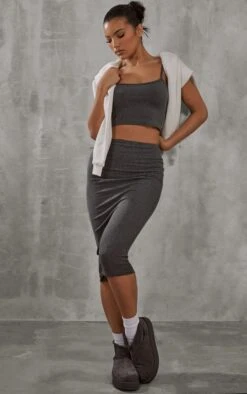 Jupe Mi-longue Côtelée Gris Anthracite Bicolore Taille Haute