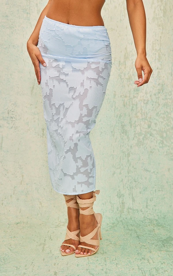 Jupe Mi-longue Bleu Pâle à Fleurs En Applique à Taille Haute – Image 2