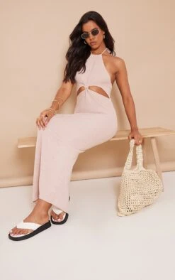 Robe Longue En Maille Côtelée Gris Pierre à Découpes Et Noeud