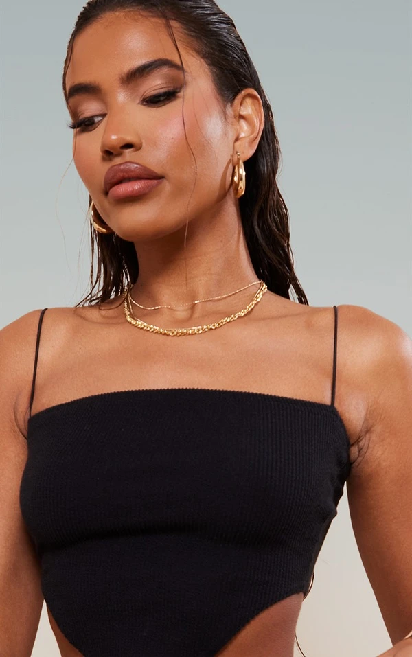 Crop Top Côtelé Noir à Col Carré Et Bretelles – Image 5