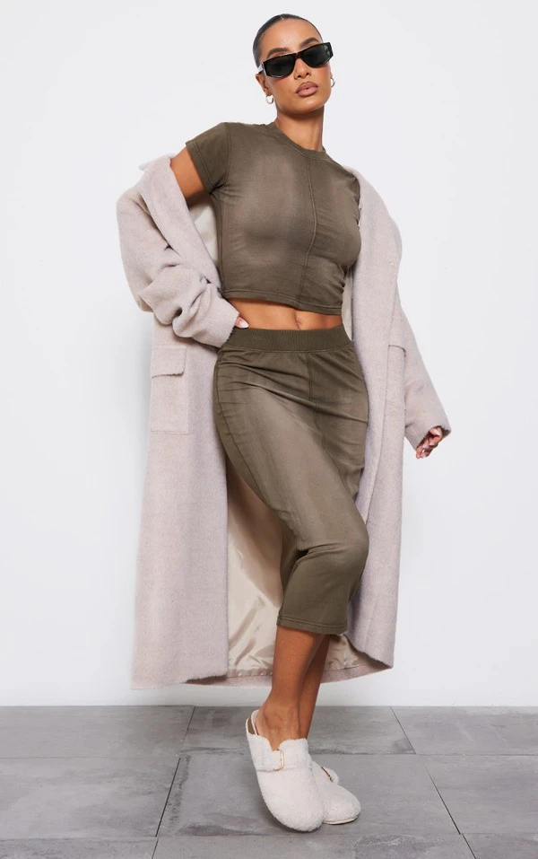 Jupe Mi-longue En Jersey Kaki Délavé à Détail Coutures