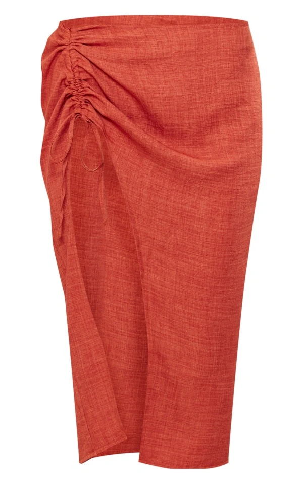 Jupe Mi-longue En Maille Tissée Chinée Rouille à Côté Froncé – Image 5