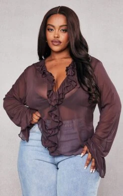 Plus Blouse En Mesh Chocolat à Détail Volanté
