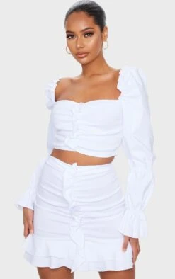 Mini-jupe Froncée Blanche En Maille Tissée Stretch à Volants