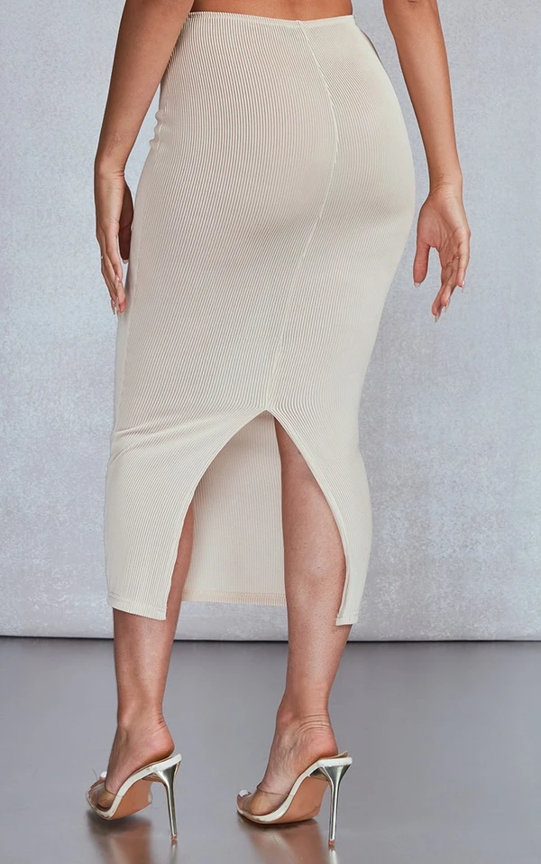 Jupe Mi-longue Tissée Gris Pierre Plissée Taille Basse – Image 3