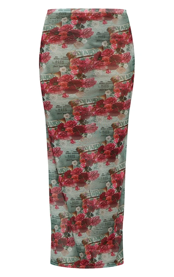 Jupe Mi-longue Vert Sauge Fleurie En Mesh Fendue – Image 5