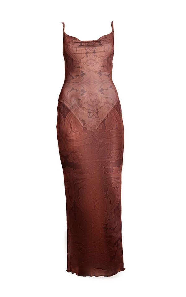 Robe Longue En Mesh Marron Clair Fleuri à Col Bénitier – Image 5