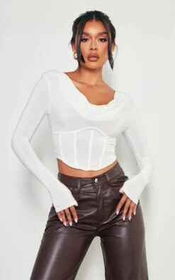 Crop Top Style Corset Moulant Crème à Décolleté Et Manches Longues