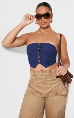 Crop Top En Effet Lin Bleu Marine Ă Boutons