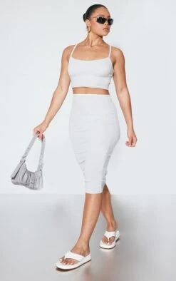 Jupe Mi-longue Taille Haute Côtelée Gris Clair Bicolore