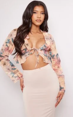 Blouse En Mousseline De Soie Rose Imprimée à Bordure Volantée