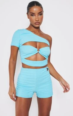 Crop Top Asymétrique Bleu Turquoise Texturé à Détail Anneaux