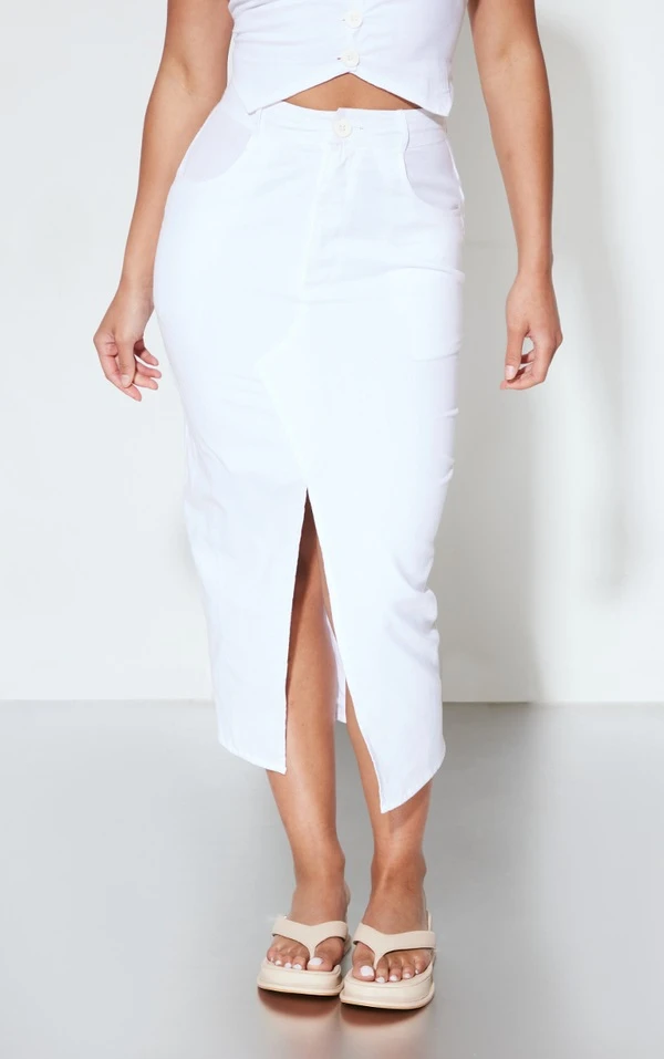 Jupe Fendue Mi-longue En Effet Lin Blanc – Image 2