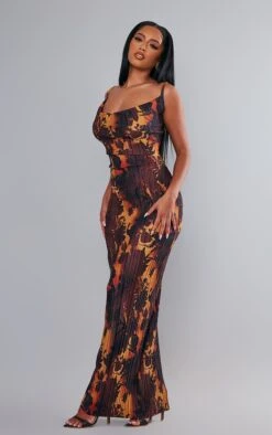 Robe Longue Plissée Marron Imprimé Dégradé à Bretelles